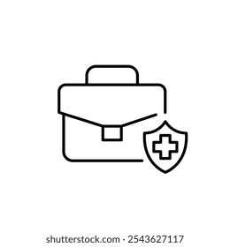 Briefcase and health insurance shield. Employer-sponsored health insurance or business owners health coverage. Workforce wellness. Pixel perfect, editable stroke icon