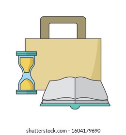 briefcase, hourglass and book over white background, vector illustration