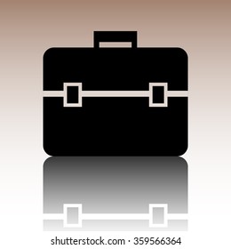 Briefcase icon. Black vector illustration with reflection.