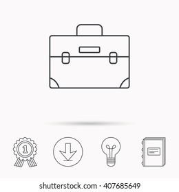 Briefcase icon. Businessman case or diplomat sign. Hand baggage symbol. Download arrow, lamp, learn book and award medal icons.