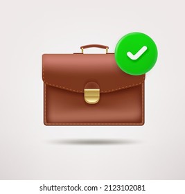 Briefcase icon with checkmark. 3d vector icon