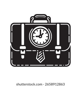 A Briefcase Icon with Clock Vector Black and White