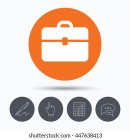 Briefcase icon. Diplomat handbag symbol. Business case sign. Speech bubbles. Pen, hand click and chart. Orange circle button with icon. Vector