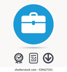 Briefcase icon. Diplomat handbag symbol. Business case sign. Achievement check, download and report file signs. Circle button with web icon. Vector