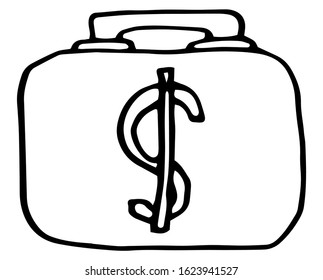 Briefcase icon in doodle line sketch. Office equipment for travel and money. Perfect hand drawn vector illustration isolated on white background. Perfect for invitations, cards, prints, flyers.