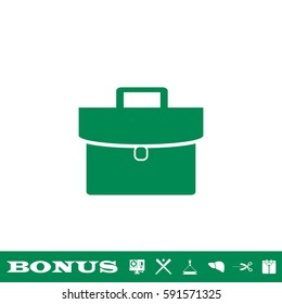 Briefcase icon flat. Green pictogram on white background. Vector illustration symbol and bonus button