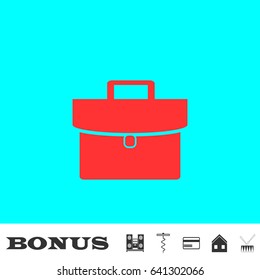 Briefcase icon flat. Red pictogram on blue background. Vector illustration symbol and bonus buttons Music center, corkscrew, credit card, house, drum