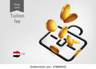 Briefcase icon with flying Egyptian Pound coins, finance concept.
