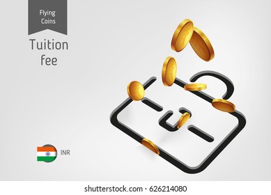 Briefcase icon with flying indian rupee coins, finance concept.
