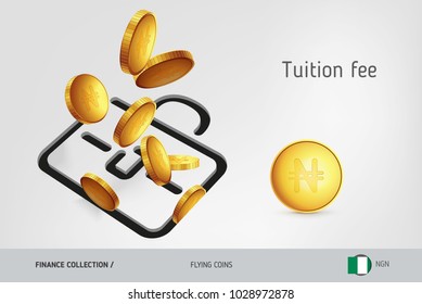 Briefcase icon with flying Nigerian Naira coins, finance concept. Vector illustration for print, websites, web design, mobile app, infographics.