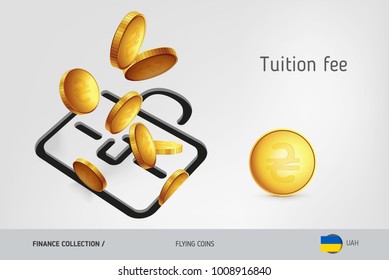 Briefcase icon with flying Ukrainian Hryvnia coins, finance concept. Vector illustration for print, websites, web design, mobile app, infographics.