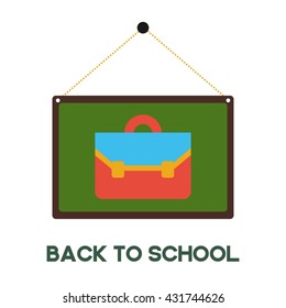 briefcase icon in hanging green board. Back to school typography