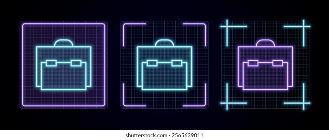 Briefcase icon illustration, cyber neon visual, glowing border grid vector.