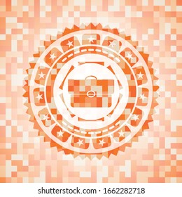 briefcase icon inside abstract orange mosaic emblem with background