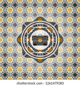 briefcase icon inside arabesque style emblem. arabic decoration.