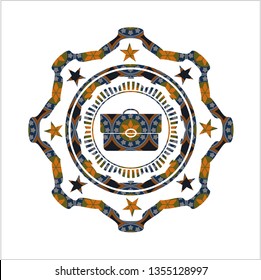 briefcase icon inside arabic badge. Arabesque decoration.
