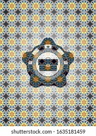 briefcase icon inside arabic badge. Arabesque decoration.