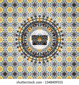 briefcase icon inside arabic style badge. Arabesque decoration.