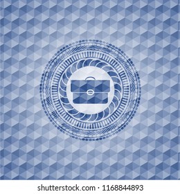 briefcase icon inside blue emblem with geometric pattern.