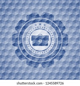 briefcase icon inside blue emblem or badge with abstract geometric polygonal pattern background.