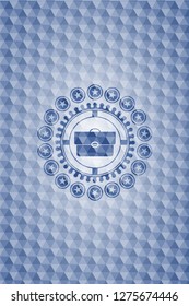 briefcase icon inside blue emblem or badge with abstract geometric pattern background.