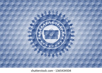 briefcase icon inside blue emblem with geometric background.