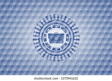 briefcase icon inside blue emblem or badge with abstract geometric polygonal pattern background.