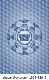 briefcase icon inside blue polygonal emblem.