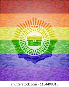 briefcase icon inside emblem on mosaic background with the colors of the LGBT flag