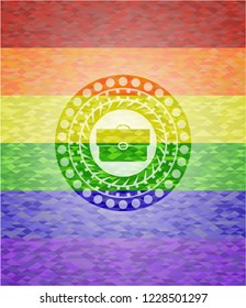 briefcase icon inside emblem on mosaic background with the colors of the LGBT flag