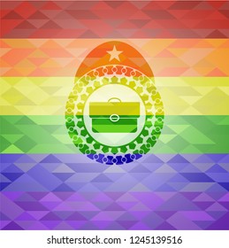 briefcase icon inside emblem on mosaic background with the colors of the LGBT flag