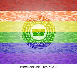 briefcase icon inside emblem on mosaic background with the colors of the LGBT flag