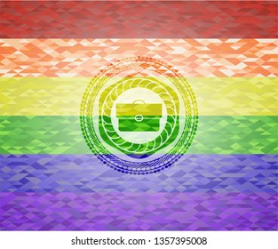 briefcase icon inside emblem on mosaic background with the colors of the LGBT flag