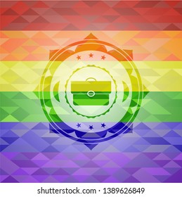 briefcase icon inside emblem on mosaic background with the colors of the LGBT flag