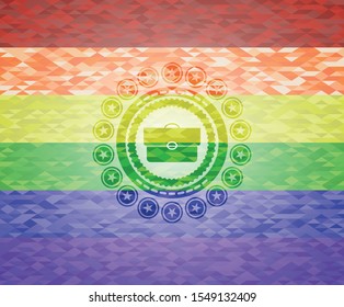 briefcase icon inside emblem on mosaic background with the colors of the LGBT flag