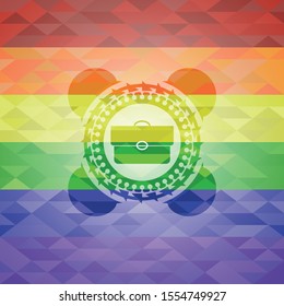 briefcase icon inside emblem on mosaic background with the colors of the LGBT flag