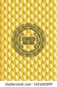 briefcase icon inside gold badge. Scales pattern. Vector Illustration. Detailed.
