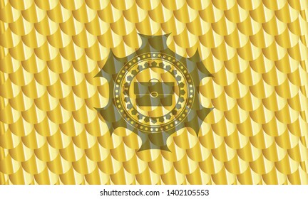briefcase icon inside gold shiny badge. Scales pattern. Vector Illustration. Detailed.
