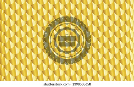 briefcase icon inside golden badge or emblem. Scales pattern. Vector Illustration. Detailed.
