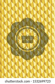 briefcase icon inside golden badge or emblem. Scales pattern. Vector Illustration. Detailed.