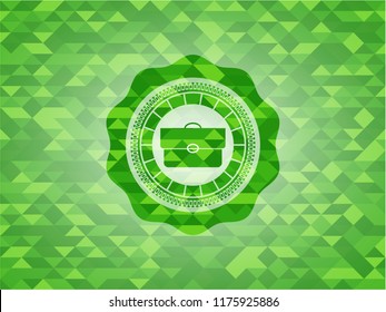 briefcase icon inside green emblem with mosaic ecological style background