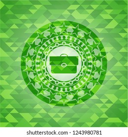 briefcase icon inside green emblem. Mosaic background