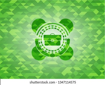 briefcase icon inside green emblem with triangle mosaic background