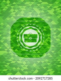 briefcase icon inside green emblem. Mosaic background. 
