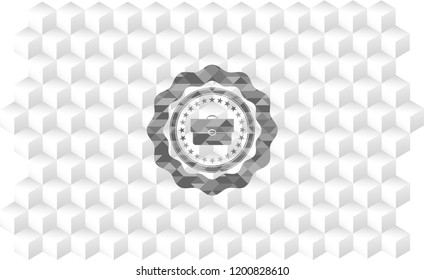 briefcase icon inside grey emblem. Vintage with geometric cube white background
