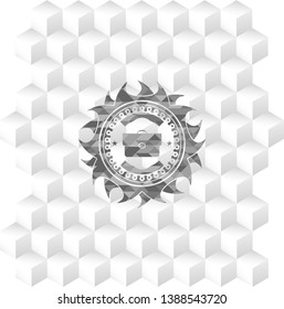 briefcase icon inside grey emblem. Vintage with geometric cube white background