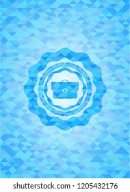 briefcase icon inside light blue emblem with mosaic background