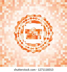 briefcase icon inside orange tile background illustration. Square geometric mosaic seamless pattern with emblem inside.