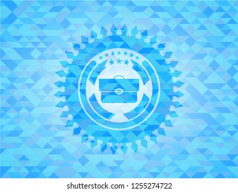 briefcase icon inside realistic sky blue emblem. Mosaic background