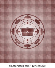 briefcase icon inside red emblem or badge with abstract geometric polygonal pattern background. Seamless.